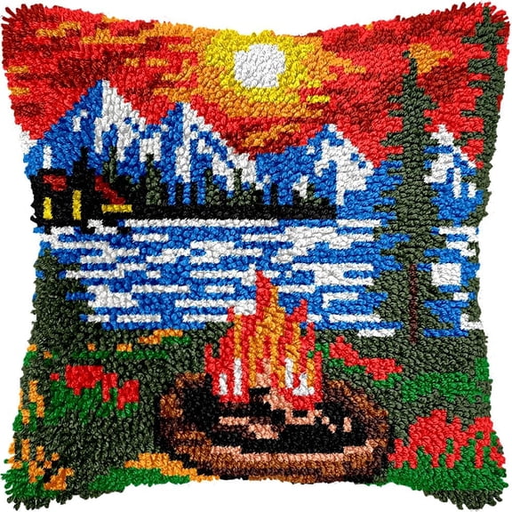 Bonfire at Seaside Latch Hook Pillow Kits Pillow Cover Latch Hook Crafts Crochet Knitted Hooking Pillowcase Cushion Crafts Embroidery Latch Hooking Kits Material Set 17x17 inch(77)