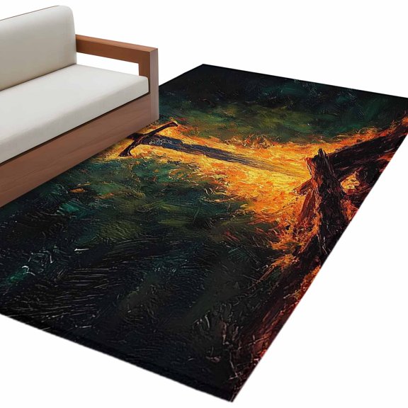 Bonfire Sword Kitchen Runner Rug 2.7x5 Washable Runners for Hallway Non Slip Abstract Art Fantasy Vintage Burning Wood Large Area Rug Indoor Carpet for Bathroom Laundry Entryway Bedroom Living Room