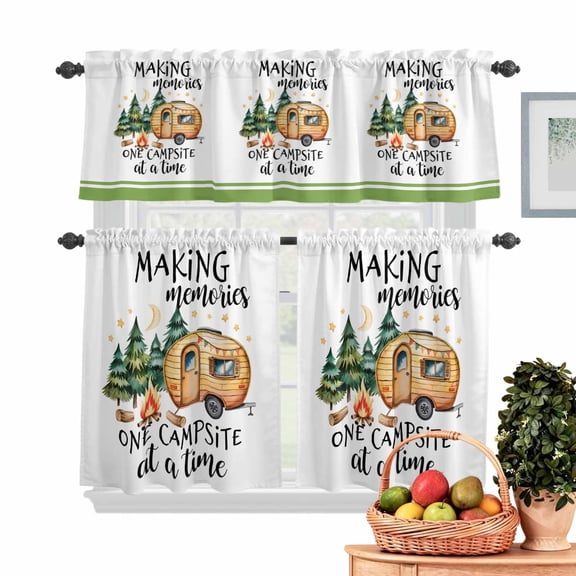 Bonfire Tree Car Kitchen Curtains Valances 3 Piece Set, Making Memories One Camping At A Time Rod Pocket Tier Curtain and Valance Drapes for Small Window 24 Inch Length for Bedroom Cafe
