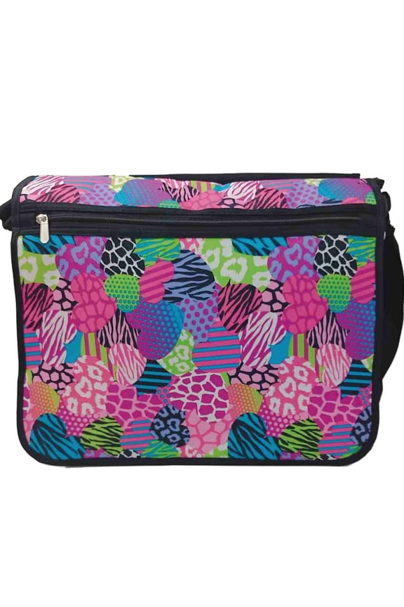 Colorful Animal Print Heart Double Flap Messenger Bag, School Book Tote