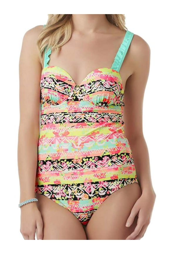 Junior Women Neon Pink Floral & Geometric 1 Piece Swim Suit Large