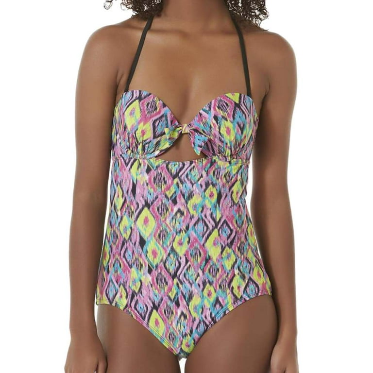 Bongo Junior Women Neon Pink Yellow Geometric Print 1 Piece Swim Suit Medium