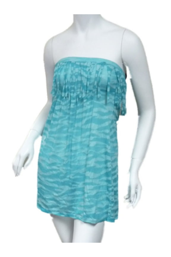 Junior Womens Aqua Green Swim Suit Cover Neon Zebra Strapless Sun Dress M