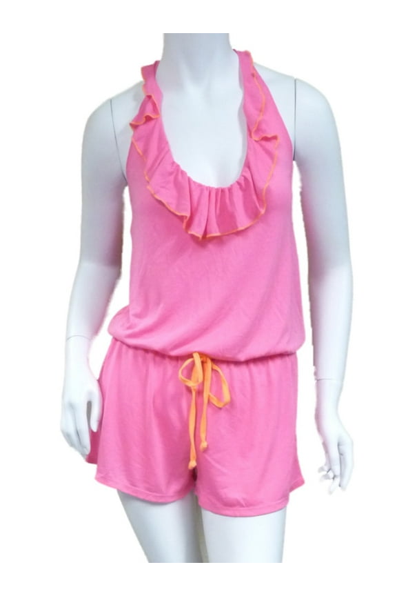 Junior Womens Pink & Orange Swim Suit Cover Up Ruffled Romper Jumpsuit L