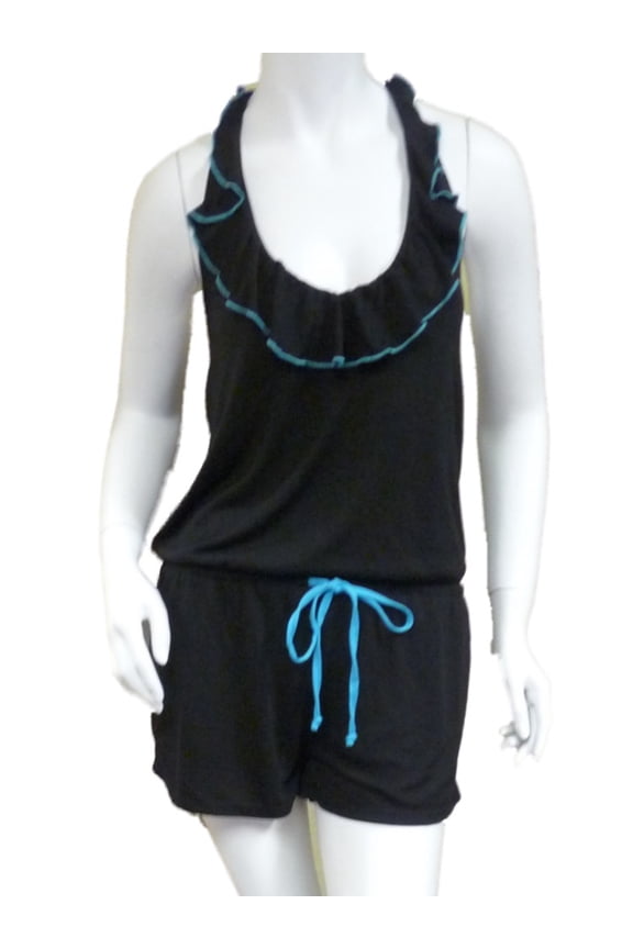 Womens Black & Blue Swim Suit Cover Up Ruffled Romper Jumpsuit S