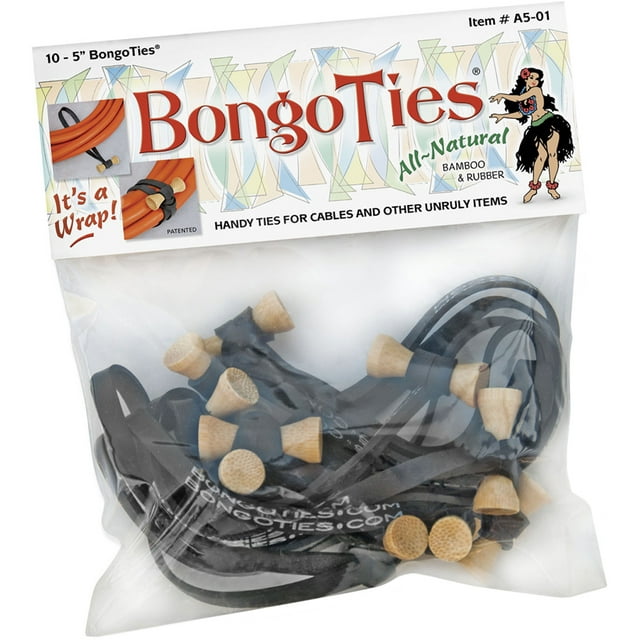BongoTies All-Natural Reusable Cable Tie Wraps 10-Pack - Black