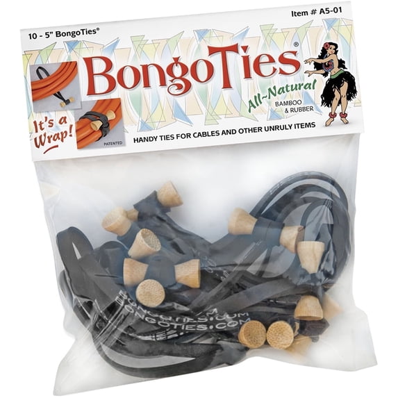 BongoTies Original Bongo Ties A5-01 - 10 Pack Professional cable ties made of natural rubber and bamboo HANDY TIES FOR CABLES AND OTHER UNRULY ITEMS