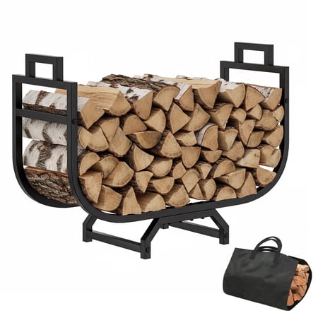 Bonhappy 30" Arch Firewood Rack with Log Carrier Bag - Modern Curved Outdoor Wood Holder for Patio & Indoor Decor - Small Heavy Duty Stand