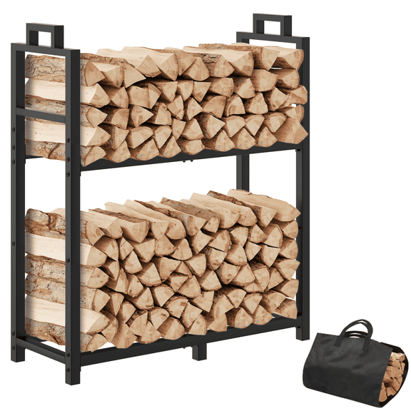 Bonhappy 30-Inch 2-Tier Firewood Rack with Handle, Fixed Sturdy Steel Design for Indoor & Outdoor, Heavy Duty Log Holder for Fireplace and Fire Pit