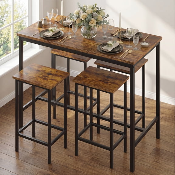 Bonhappy 47.2" Dining Table Set for 4 with Chairs, Space‑Saving Rustic Brown Kitchen Table with Metal Frame