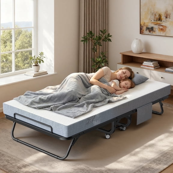 Bonhappy 75" x 45" Super Wide Rollaway Bed, XL Twin Folding Guest Bed with 5" Memory Foam Mattress, Extra Sleeping Space for Plus Size Adults, Heavy Duty