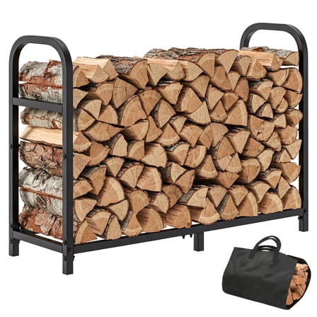 Bonhappy 34" Large Rectangle Firewood Rack with Log Carrier Bag - Heavy Duty Square Outdoor Log Holder for Fire Pit - High Capacity Storage