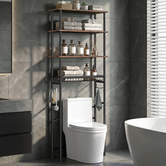 Bonhappy Over the Toilet Storage Shelf, 4-Tier Bathroom Organizer Rack, Space Saver Stand with Deep Wire Basket & Adjustable Feet, Brown