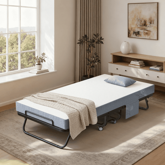 Bonhappy 75" x 38" Twin Size Rollaway Bed, Portable Folding Guest Bed with 5" Memory Foam Mattress, Fits Twin Sheets, Heavy Duty Metal Frame for Adults