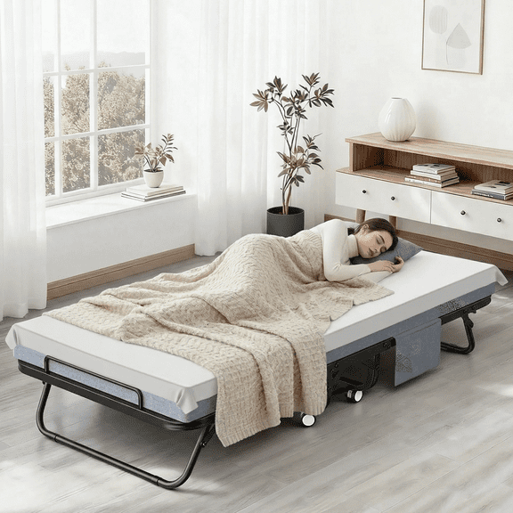 Bonhappy 75" x 38" Twin Size Rollaway Bed, Portable Folding Guest Bed with 5" Memory Foam Mattress, Fits Twin Sheets, Heavy Duty Metal Frame for Adults