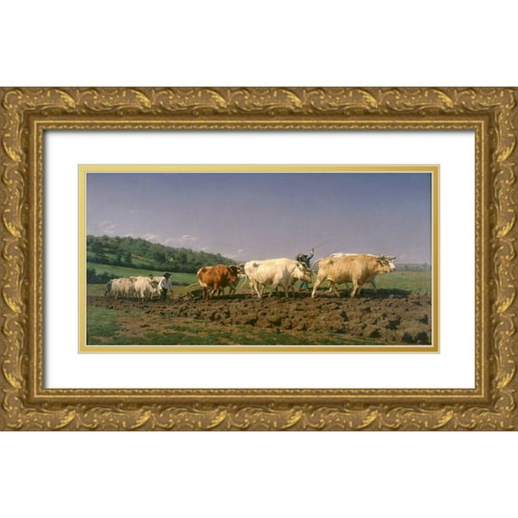 Bonheur, Rosa 18x11 Gold Ornate Wood Framed with Double Matting Museum Art Print Titled - Ploughing in the Nivernais