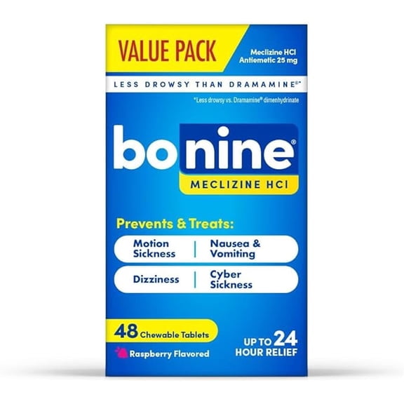Bonine Non Drowsy Motion Sickness Relief, Sea Sickness, Car Sickness, Nausea, & Vomiting Travel-Sized - Raspberry Chewable Tablets 48ct