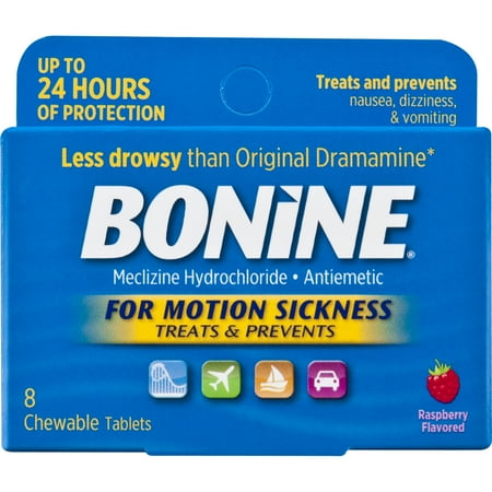 Bonine Motion Sickness and Nausea Relief, Chewable Tablets, Raspberry, 8 Count