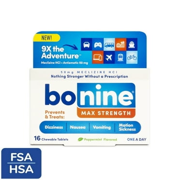 Bonine Max Strength Motion Sickness & Nausea Relief, Chewable Tablets, Peppermint, 16 ct