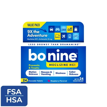 Bonine Motion Sickness and Nausea Relief, Chewable Tablets, Raspberry, Travel Pack, 24 Count