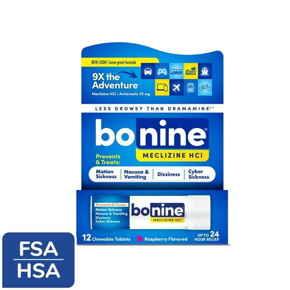 Bonine Motion Sickness and Nausea Relief Travel Pack, Chewable Tablets, Raspberry, 12 Ct