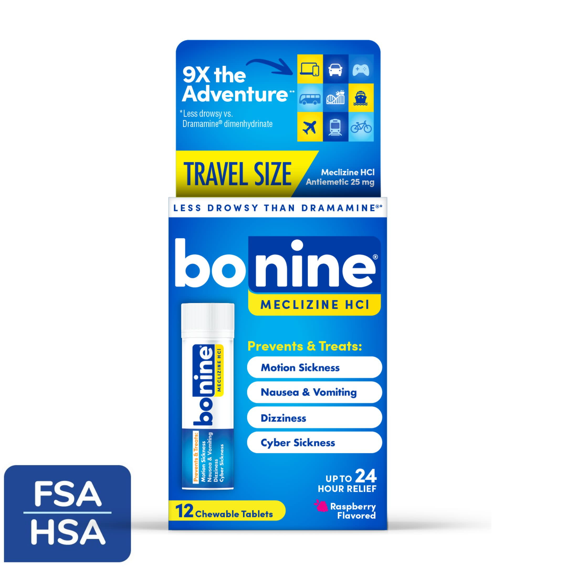 Bonine Motion Sickness and Nausea Relief Travel Pack, Chewable Tablets, Raspberry, 12 Count