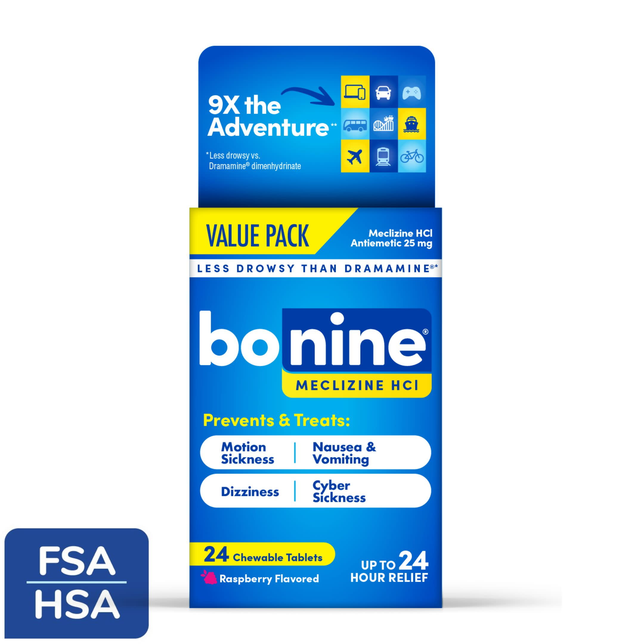 Bonine Motion Sickness and Nausea Relief, Chewable Tablets, Raspberry, Travel Pack, 24 Count
