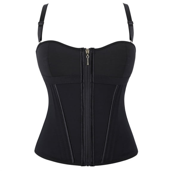 Boning Corset Top for Women Square Neck Front Zipper Bustier with Detachable Strap Solid Color Shapewear S