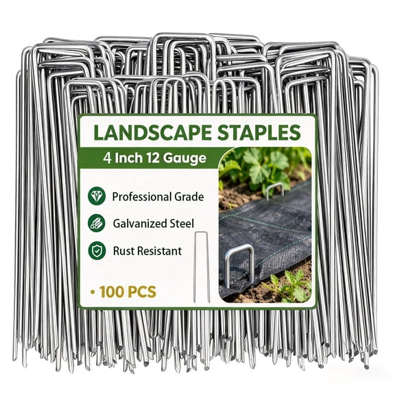 Bonison 4 Inch 100 Pack Landscape Staples, 12 Gauge Heavy Duty Galvanized Garden Stakes, Anti-Rust U Pins for Weed Barrier, Irrigation Tubing, Sod