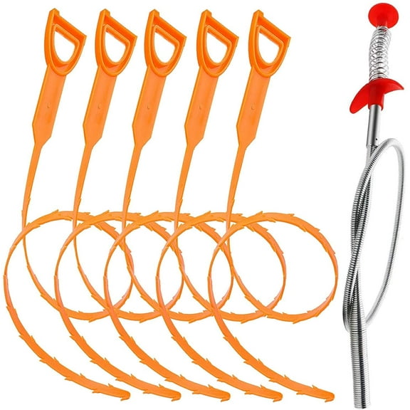 Bonison, 6PC Drain Clog Remover, 20in/24in, Plastic/Stainless Steel, Manual Drain Snake, 6 Pack