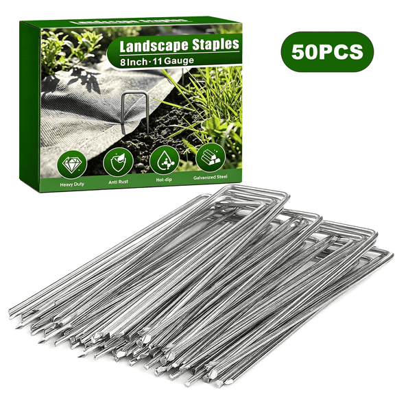 Bonison 8 Inch 50 Pack Galvanized Landscape Staples 11 Gauge Anti-Rust Garden Stakes U Pins Tent Stakes for Weed Barrier Fabric, Netting and Hose