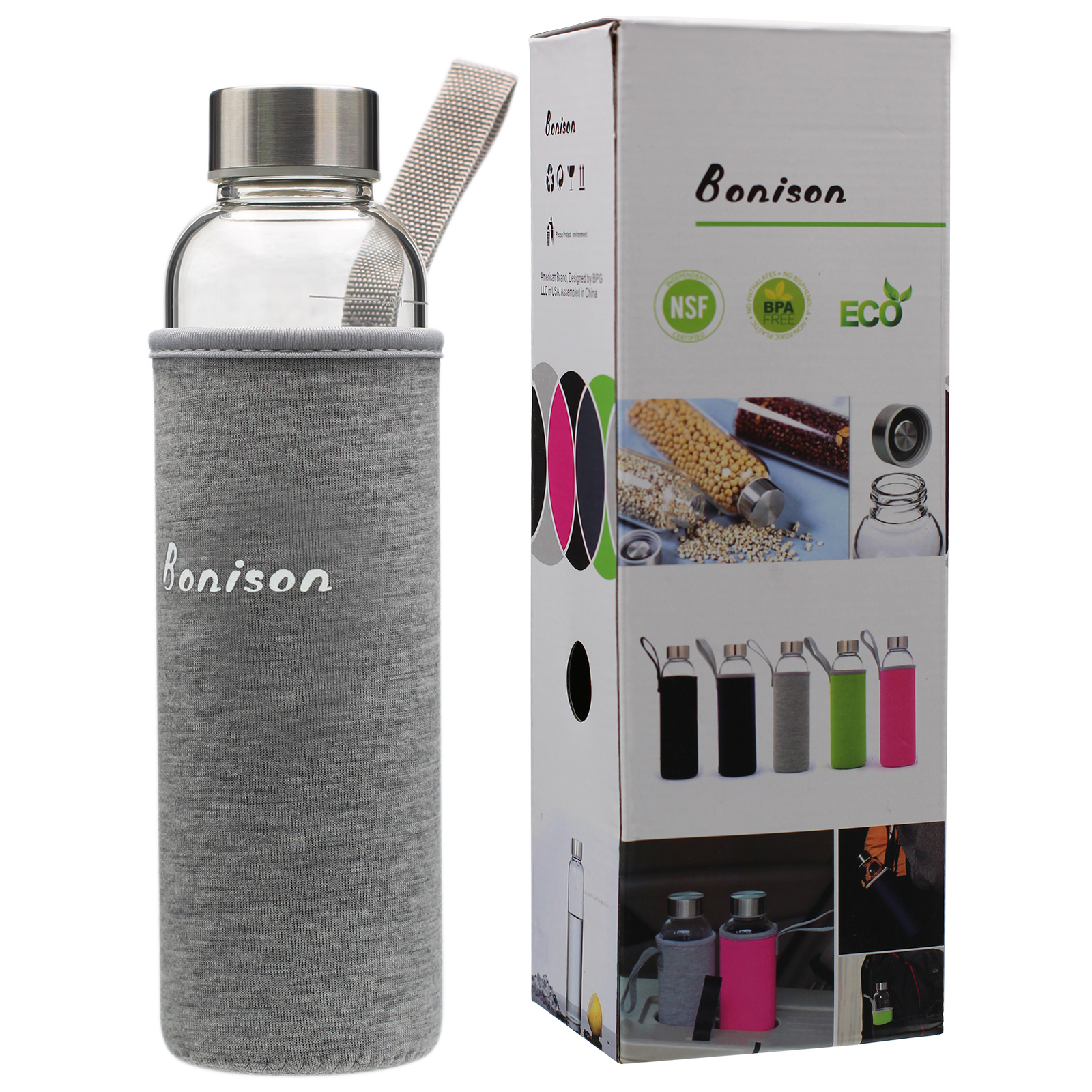 Bonison, Borosilicate Glass Water Bottle with Assorted Colorful Nylon Sleeve, BPA Free, 18.5 oz - image 1 of 6