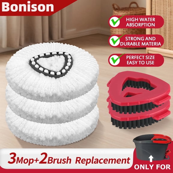 Bonison Mop Heads Replacement for O Cedar Mop Replace Head Fit For EasyWring 1 Tank System, Include 3Pack Mop Head Replacement Deep Cleaning Machine Washable and 2 Scrubber Mop