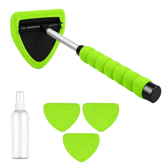 Bonison Windshield Cleaner Tool & Car Interior Detailing Kit Extendable 180° Rotating Handle, 4 Reusable Microfiber Pads, for Car & Home Windows Green
