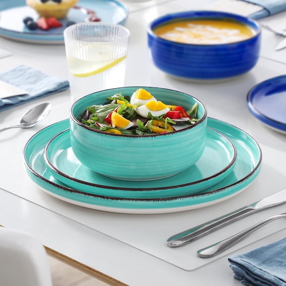 Bonita Blue Dinnerware Sets, Plates and Bowls Set for 4, 12 Pieces Stoneware Dinnerware Set, Dishwasher and Microwave