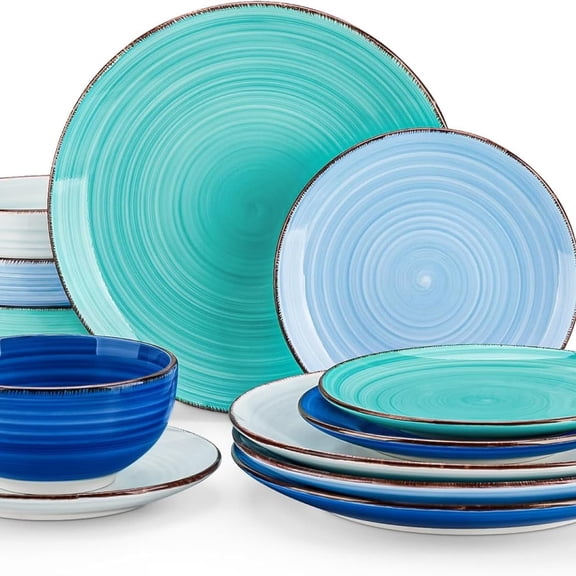Bonita Dinnerware Set Blue Stoneware 12 Pieces Service for 4, Handpainted Spirals Pattern Stoneware Plates and Bowls Set