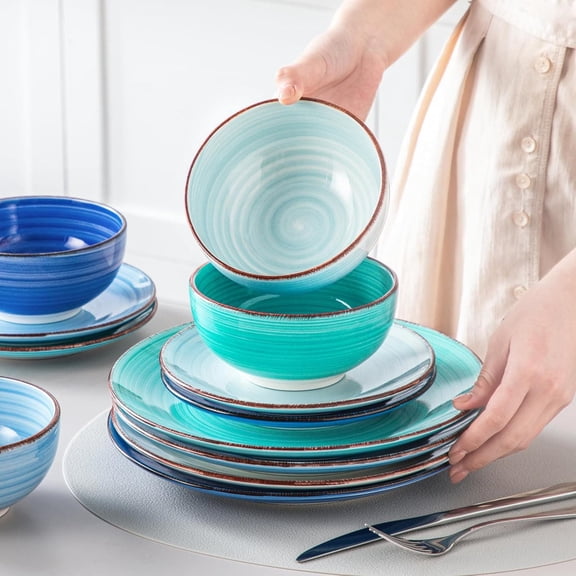 Bonita Dinnerware Set Blue Stoneware 12 Pieces Service for 4, Handpainted Spirals Pattern Stoneware Plates and Bowls Set