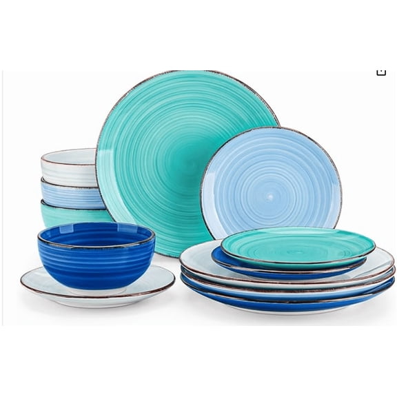 Bonita Dinnerware Set Blue Stoneware 12 Pieces Service for 4, Handpainted Spirals Pattern Stoneware Plates and Bowls Set