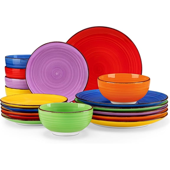 Bonita Dinnerware Set Muticolor Stoneware 18 count Service for 6, Handpainted Spirals Stoneware Plates and Bowls Set