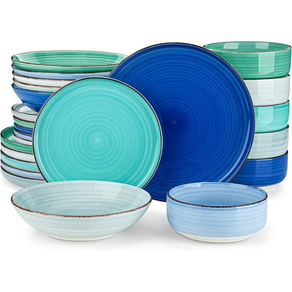 Bonita Dinnerware Sets 24 Pieces, Blue Stoneware Dishes Set for 6, Dinner Platers with Bowls Set, Dishwasher and Microwave Safe
