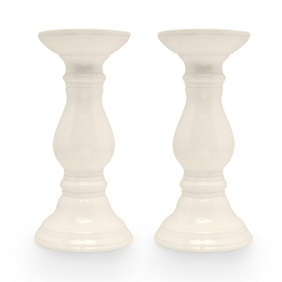 Bonita Home 9" Candle Holder Set, Ceramic Candle Stick Holder - Pillar or Taper Candles, Set of 2 Farmhouse, Rustic, Traditional Decor, White