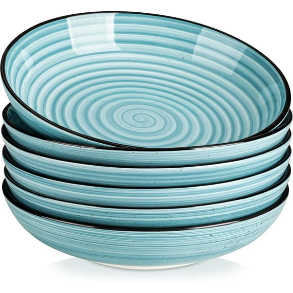 Bonita Pasta Bowls Set 6, 38 oz shallow bowls, ceramic Italian panels and salad bowls, microwave and dishwasher safe restaurant, in a variety of colors