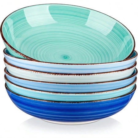 Bonita Pasta Bowls Set of 6 38 oz Shallow Bowls 8.5 Inch Ceramic Pasta Plates and Salad Bowls Microwave Dishwasher Safe Serving Bowls Blue