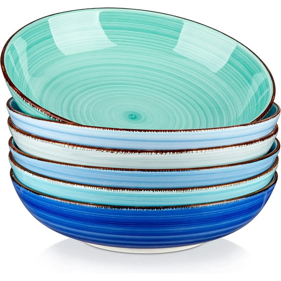 Bonita Pasta Bowls Set of 6, 38 oz Shallow Bowls, Ceramic Pasta Plates and Salad Bowls, Microwave & Dishwasher Safe Serving Bowls, Blue
