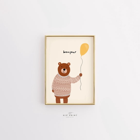 Bonjour Bear Nursery Wall Art Quirky Kids Room Decor UNFRAMED PAPER POSTER, Home Decor