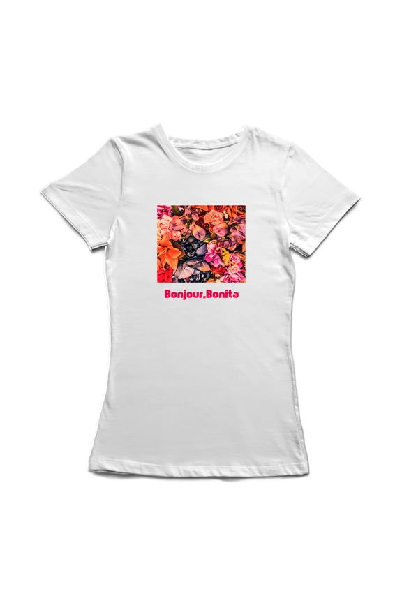 Bonjour Bonita Roses Design Women White T-Shirt, Female x-Large