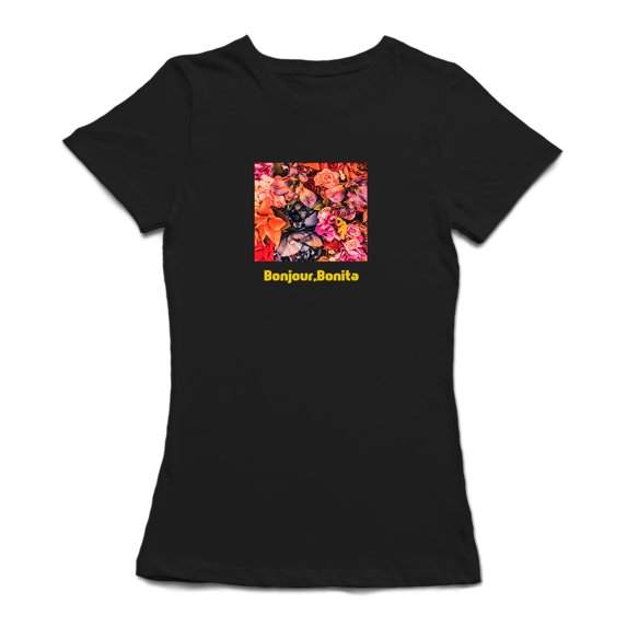 Bonjour Bonita Roses Photo Graphic Women Black T-Shirt, Female XX-Large