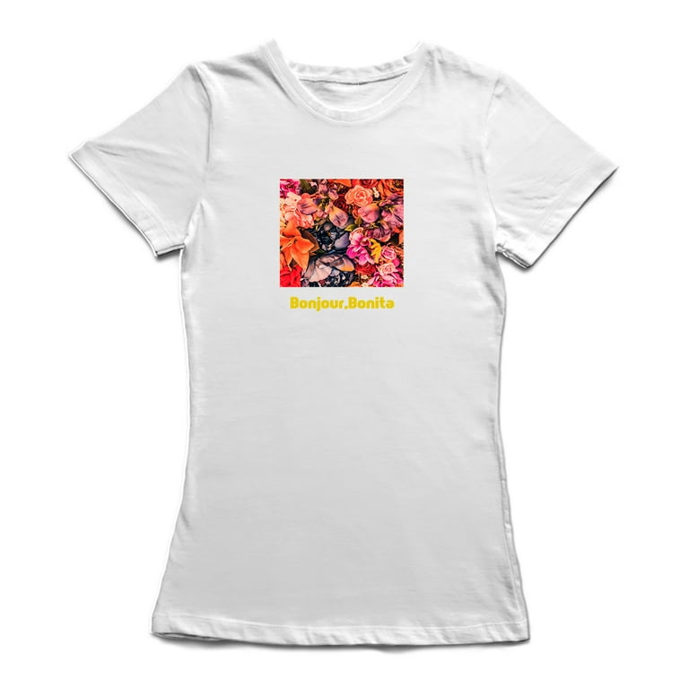 Bonjour! Graphic T-Shirt With Lips And Rose Images Bonjour! Graphic T-Shirt With Lips And Rose Images