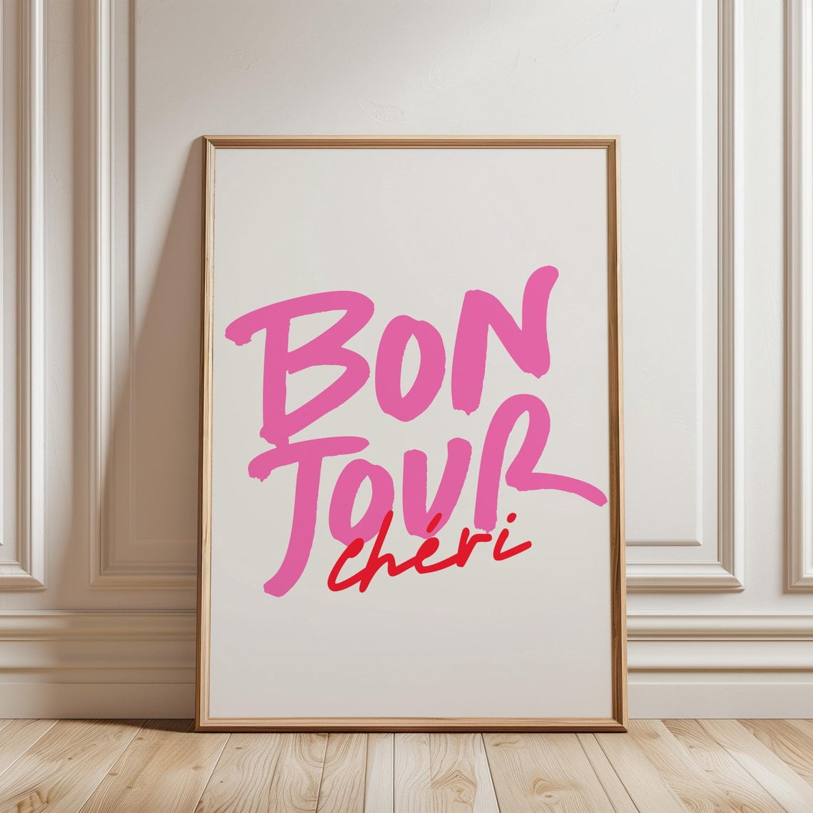 Bonjour Cheri French Phrase Hot Pink Typography Retro Trendy Wall Art ...