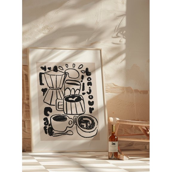 Bonjour Coffee Art Hand Painted Pastel Kitchen Decor, Unframed Paper Print